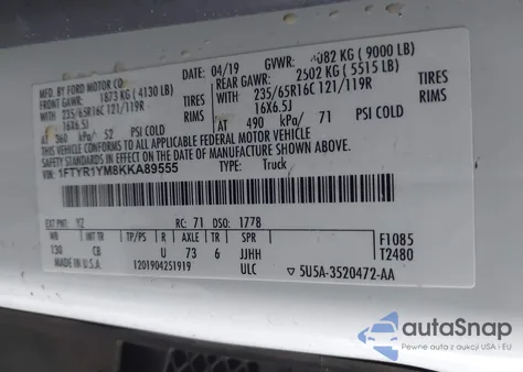 2019 Ford Transit-250 from USA, damaged, VIN 1FTYR1YM8KKA89555
